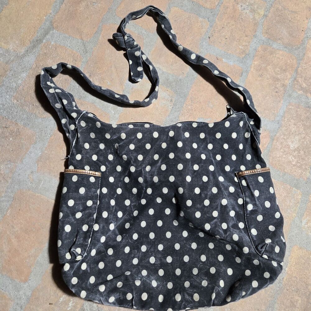 VTG 80s Denim Crossbody Tote Bag Faded Black Polkadot Whiskered 14x17 Boho Rock